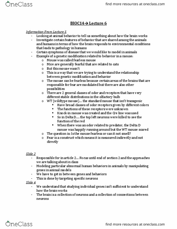 BIOC14H3 Lecture Notes - Lecture 6: Cre Recombinase, Neural Ensemble, Transgene thumbnail
