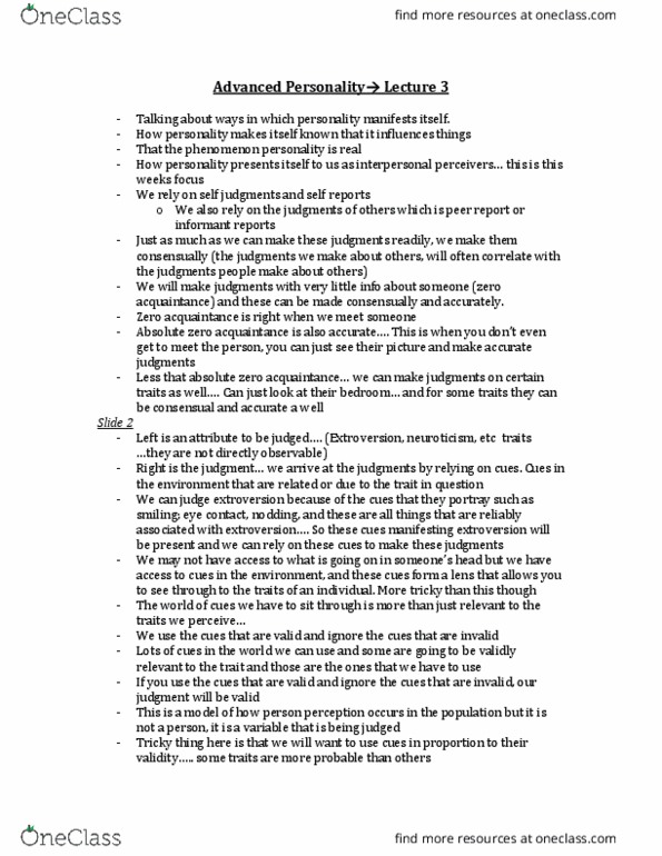 PSYC35H3 Lecture Notes - Lecture 3: Extraversion And Introversion, Conscientiousness, Social Perception thumbnail