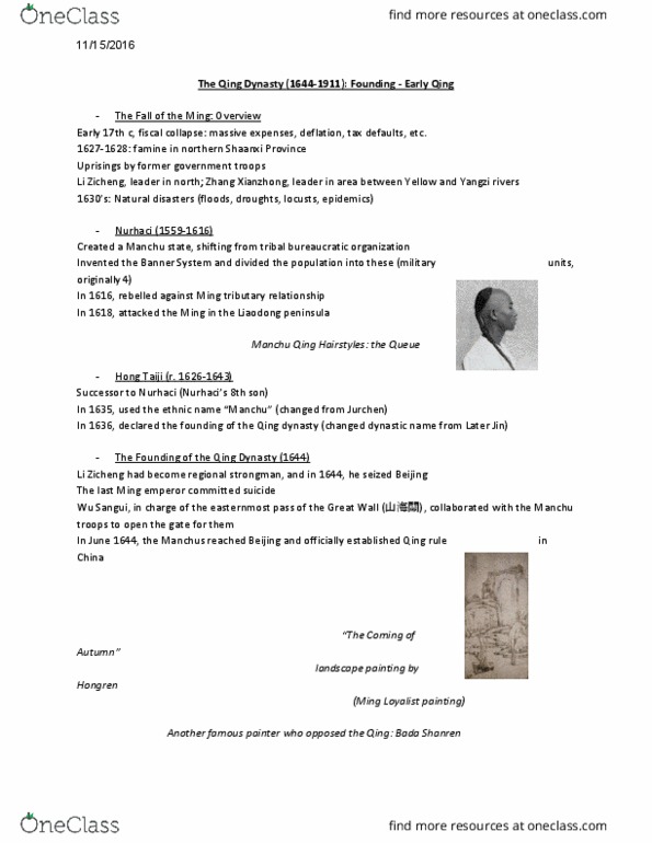 CHIN 50 Lecture Notes - Lecture 14: Nurhaci, Cohong, Qianlong Emperor thumbnail