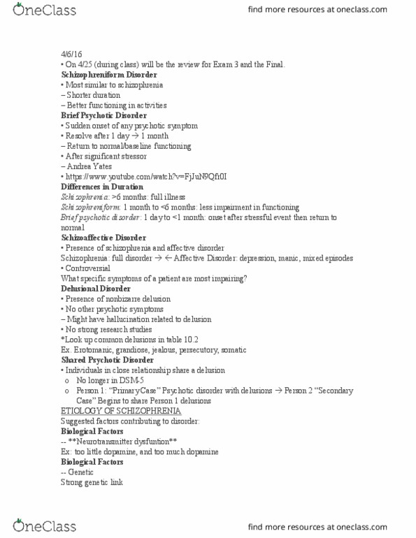 PSY 280 Lecture Notes - Lecture 26: Neurotransmitter, Dsm-5, Schizophreniform Disorder thumbnail