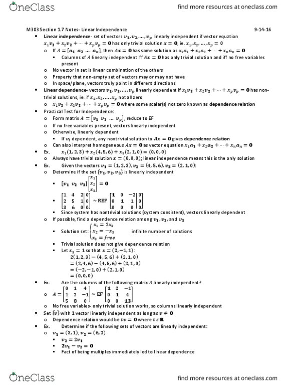 MATH-M 303 Lecture Notes - Lecture 6: Gaussian Elimination, Linear Combination, Free Variables And Bound Variables thumbnail