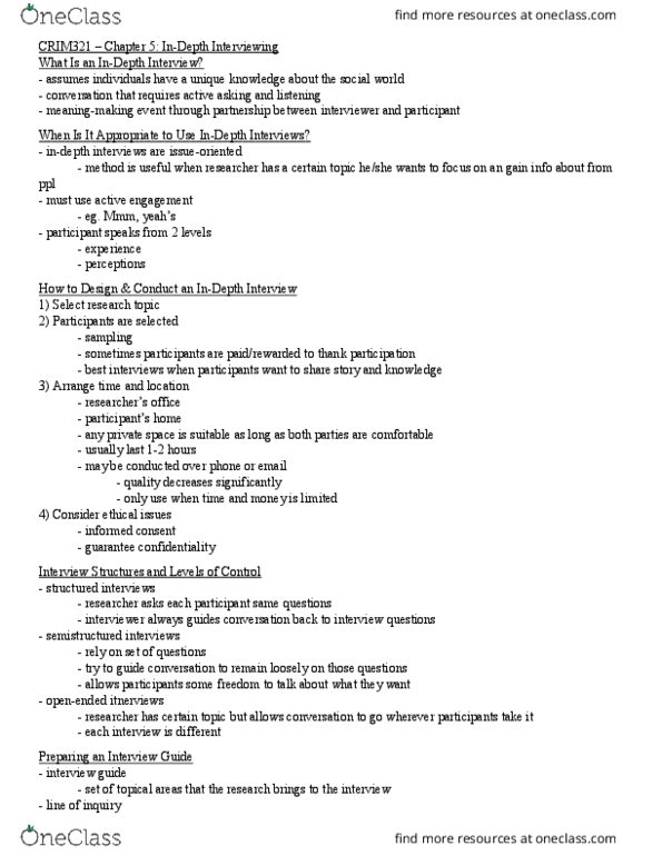 CRIM 321 Lecture 6: Chapter 5 - In-Depth Interviewing & Chapter 6: Focus Group Research thumbnail