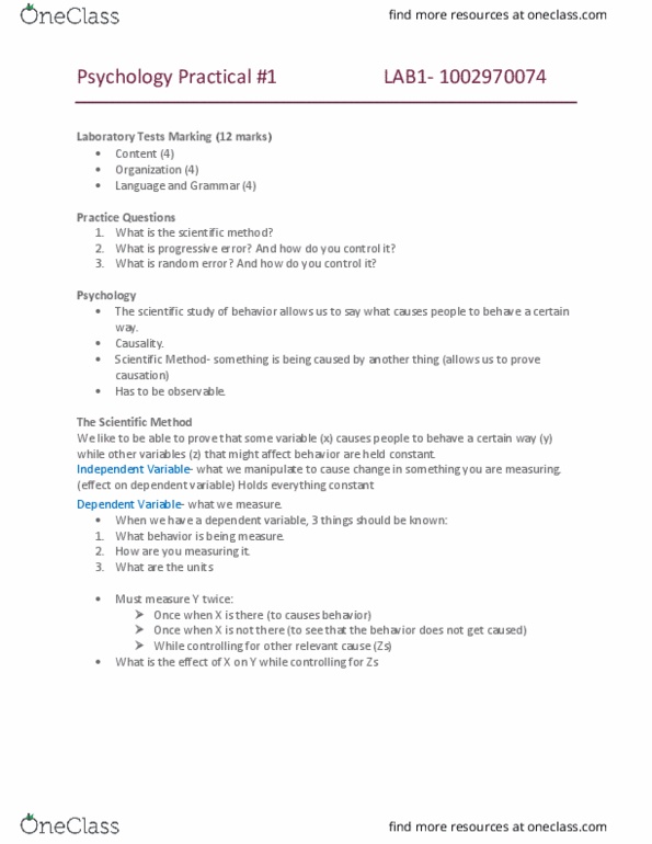 PSY100Y5 Lecture Notes - Lecture 1: Observational Error, Scientific Method, Dependent And Independent Variables thumbnail