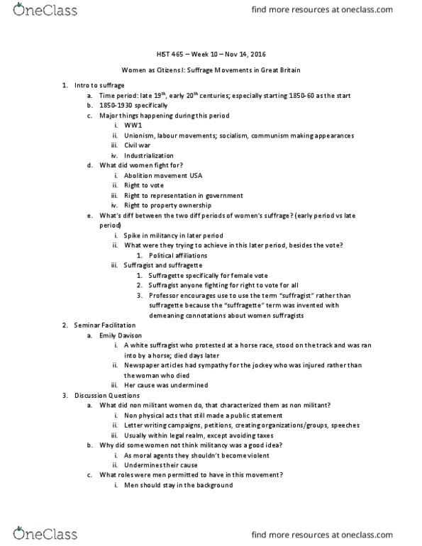 HIST 465 Lecture Notes - Lecture 10: Emily Davison thumbnail