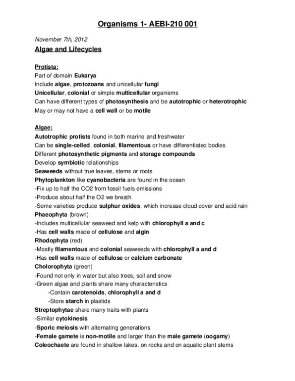 AEBI 210 Lecture Notes - Green Algae, Brown Algae, Oogamy thumbnail