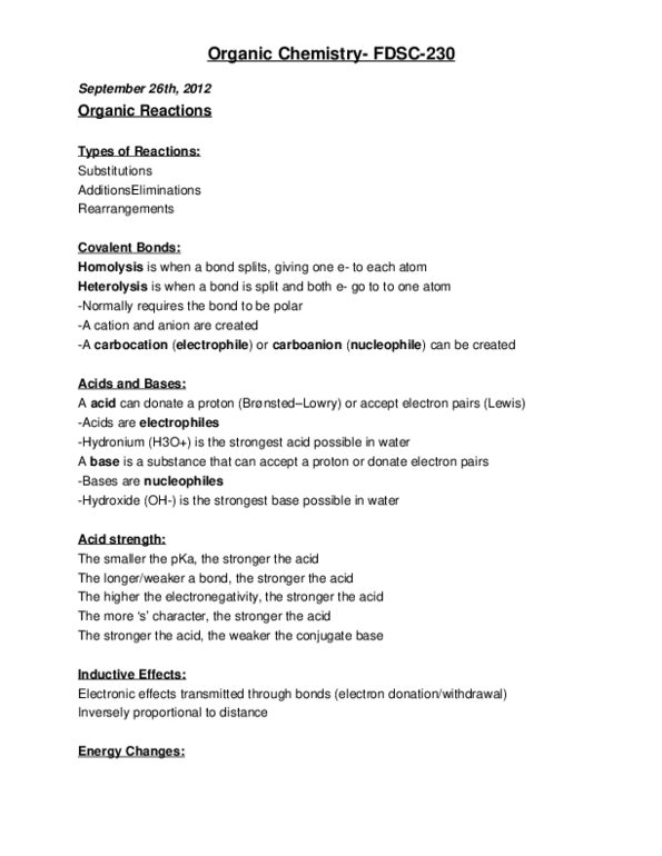 FDSC 230 Lecture Notes - Organic Reactions, Electrophile, Hydronium thumbnail