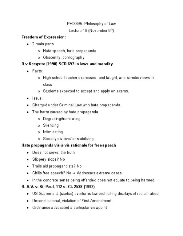 PHI 3395 Lecture Notes - Lecture 16: American Booksellers Association, Hate Speech, Slippery Slope thumbnail