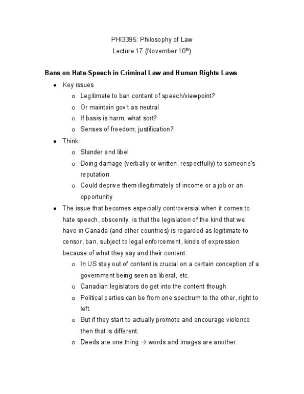 PHI 3395 Lecture Notes - Lecture 17: Marshall Rothstein, Catharine Mackinnon, Canadian Human Rights Act thumbnail