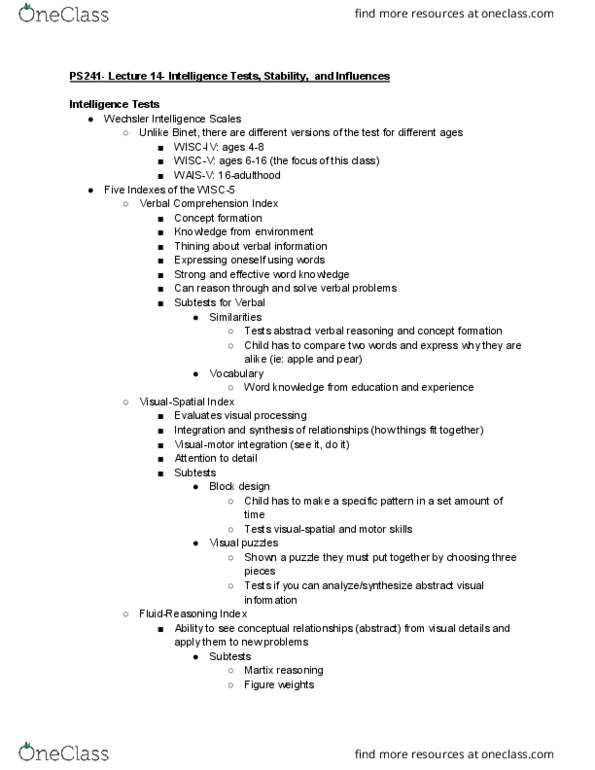 CAS PS 241 Lecture Notes - Lecture 14: Twin Study, Intelligence Quotient, Heritability thumbnail