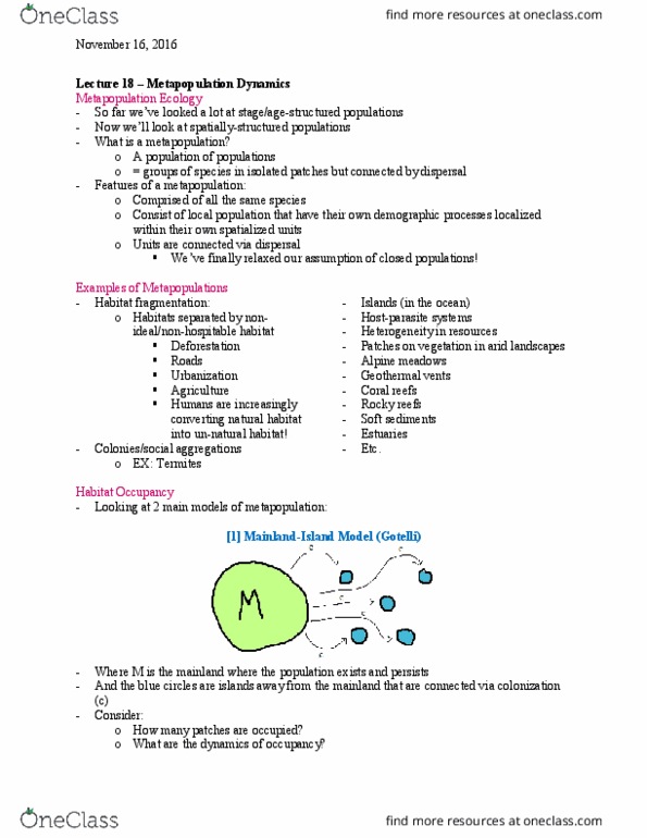 EEB319H1 Lecture Notes - Lecture 18: Nonlinear System, Equilibrium Point, Metapopulation thumbnail