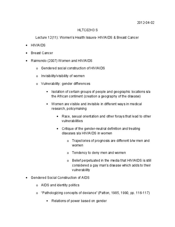 HLTC02H3 Lecture Notes - Breast Cancer, Identity Politics, Heterosexuality thumbnail