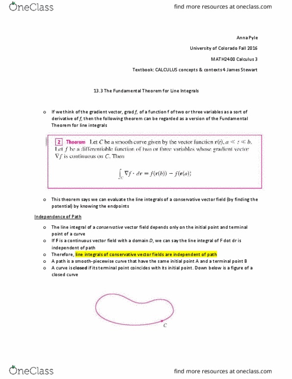 MATH 2400 Chapter Notes - Chapter 13.3: Simply Connected Space, Conservative Vector Field thumbnail