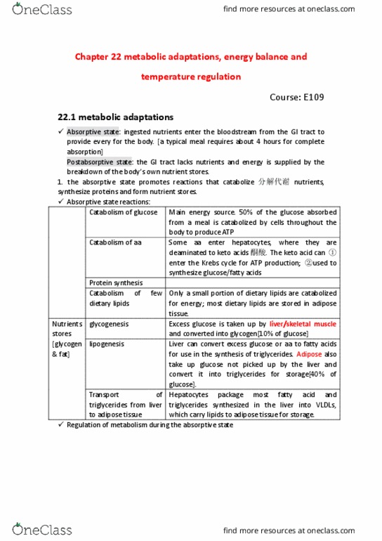 BIO SCI E109 Chapter Notes - Chapter 22: Ketone, Lipogenesis, Glycogen thumbnail