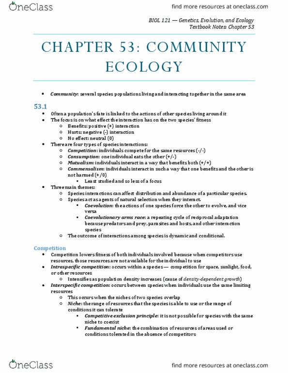 BIOL 121 Chapter Notes - Chapter 53: Intermediate Disturbance Hypothesis, Keystone Species, Species Richness thumbnail