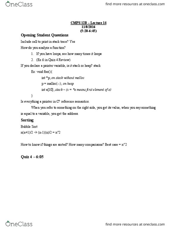 CSE 15 Lecture Notes - Lecture 14: Compile Time, Quicksort, Type Safety thumbnail
