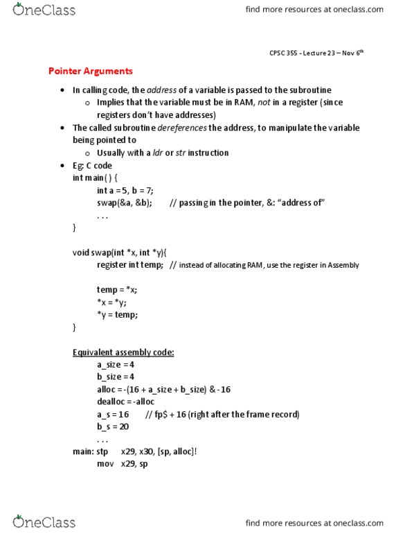 CPSC 355 Lecture Notes - Lecture 23: Call Stack, Local Variable, Assembly Language thumbnail