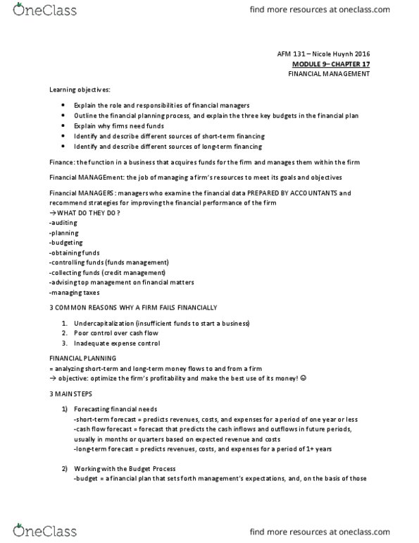 AFM131 Chapter Notes - Chapter 17: Cash Flow thumbnail