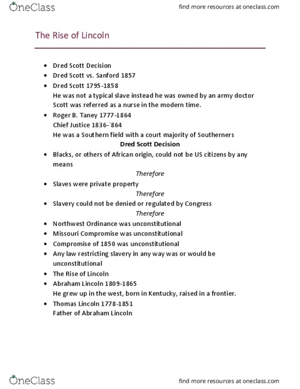 HIST 1311 Lecture Notes - Lecture 31: Thomas Lincoln, Missouri Compromise, Country Lawyer thumbnail