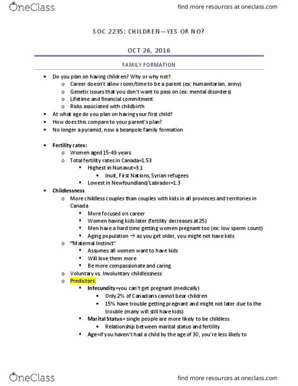 Sociology 2235 Lecture Notes - Lecture 6: Artificial Insemination, Acculturation, Structural Functionalism thumbnail