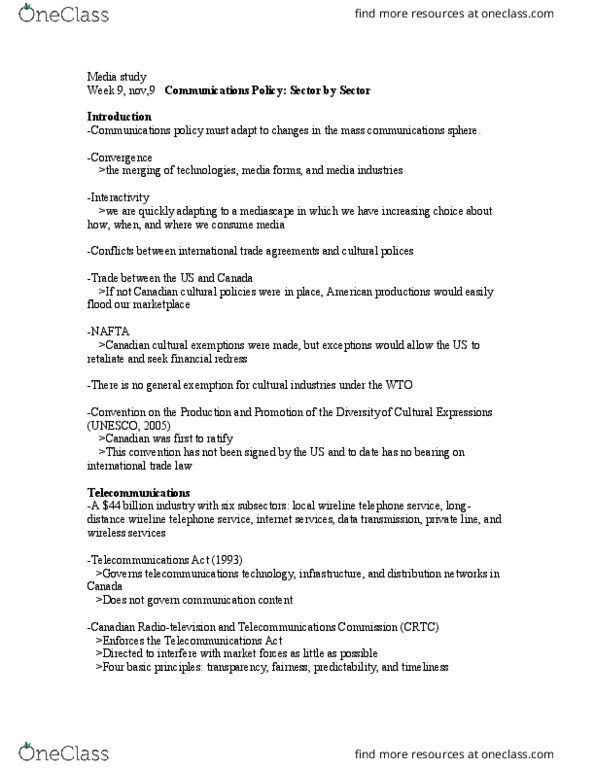 MDSA01H3 Lecture Notes - Lecture 9: Telefilm Canada, Canadian Broadcast Standards Council, Long-Distance Calling thumbnail