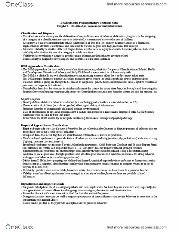 PSY 602 Chapter Notes - Chapter 5: Child Behavior Checklist, Anxiety Disorder, Psychopathology thumbnail