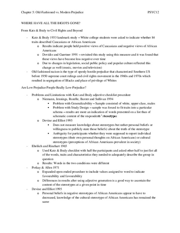 PSYC12H3 Chapter Notes - Chapter 5: Protestant Work Ethic, Realistic Conflict Theory, Aversive Racism thumbnail