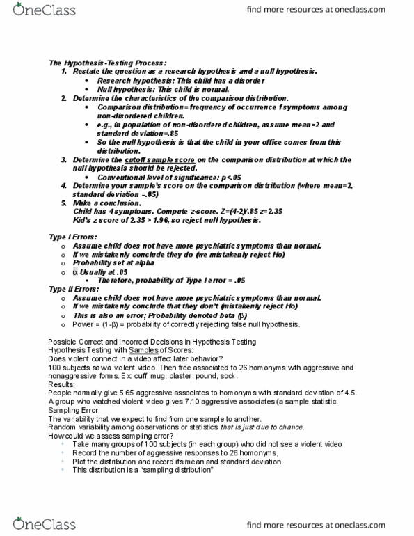 PSY 201 Lecture Notes - Lecture 3: Analysis Of Variance, Variance, Type I And Type Ii Errors thumbnail