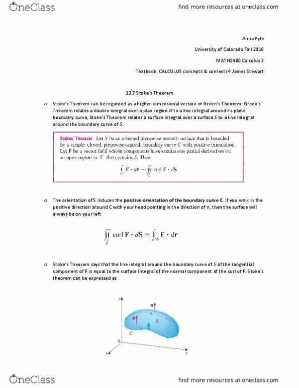 MATH 2400 Chapter Notes - Chapter 13.7: Curve, Surface Integral, Multiple Integral thumbnail