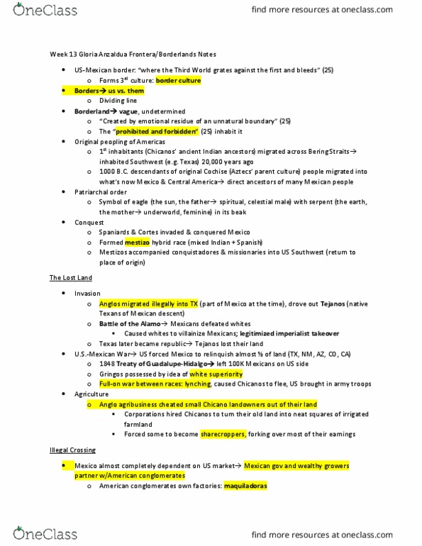 COMM 206 Chapter Notes - Chapter Anzaldua Borderlands : Bering Strait, Sharecropping, Agribusiness thumbnail