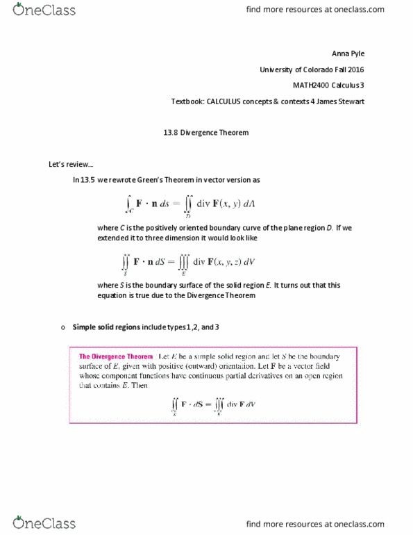MATH 2400 Chapter Notes - Chapter 13.8: Surface Integral, Divergence Theorem thumbnail