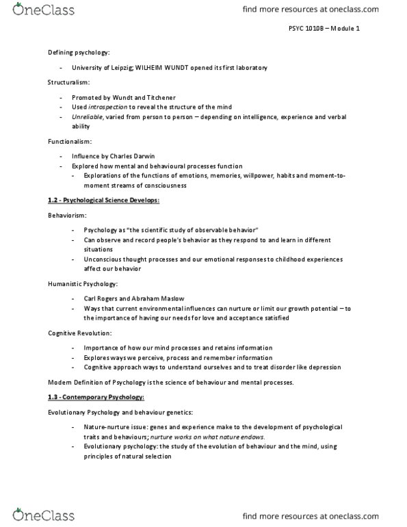 PSYC 1010 Chapter Notes - Chapter 1: Biopsychosocial Model, Abraham Maslow, Psyccritiques thumbnail