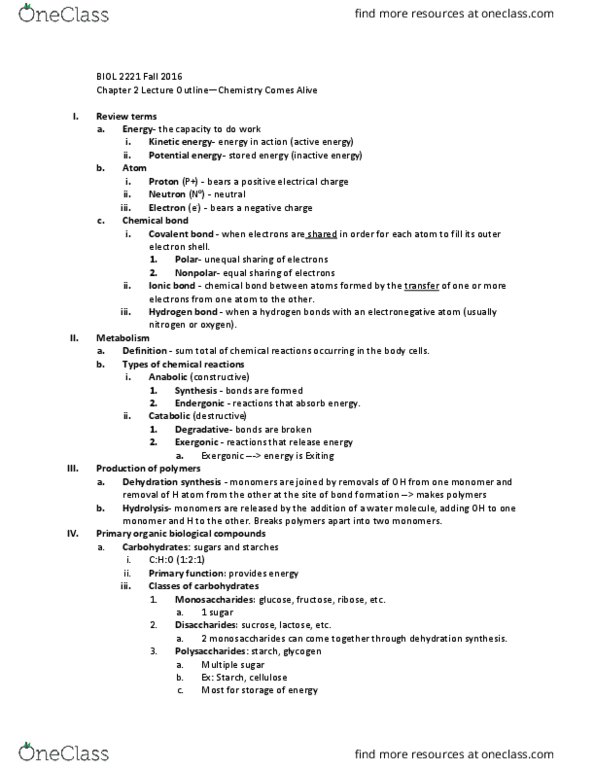 BIOL 2221 Lecture Notes - Lecture 2: Deoxyribose, Olive Oil, Metabolic Pathway thumbnail