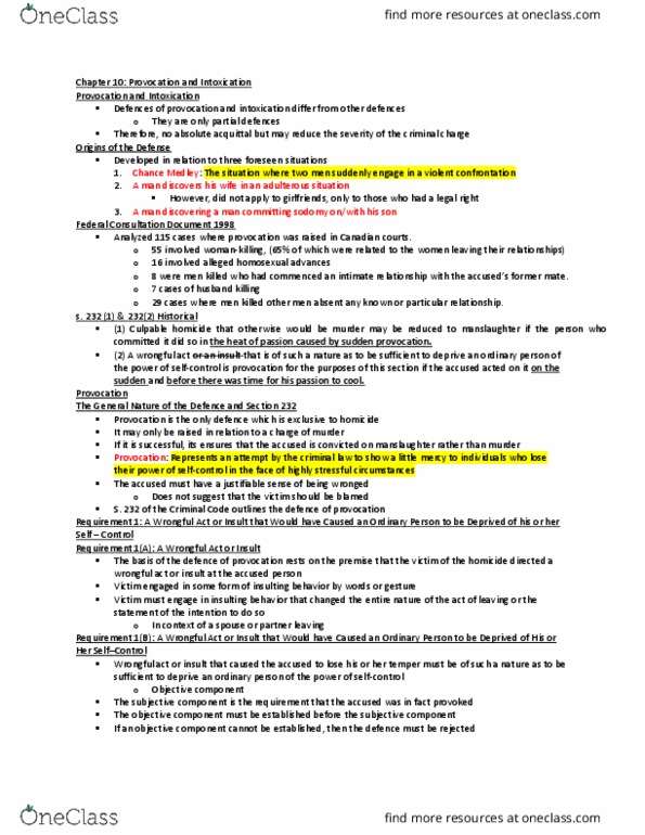 CRIM 230 Lecture 10: Chapter 10- Crim 230- Provocation and Intoxication thumbnail