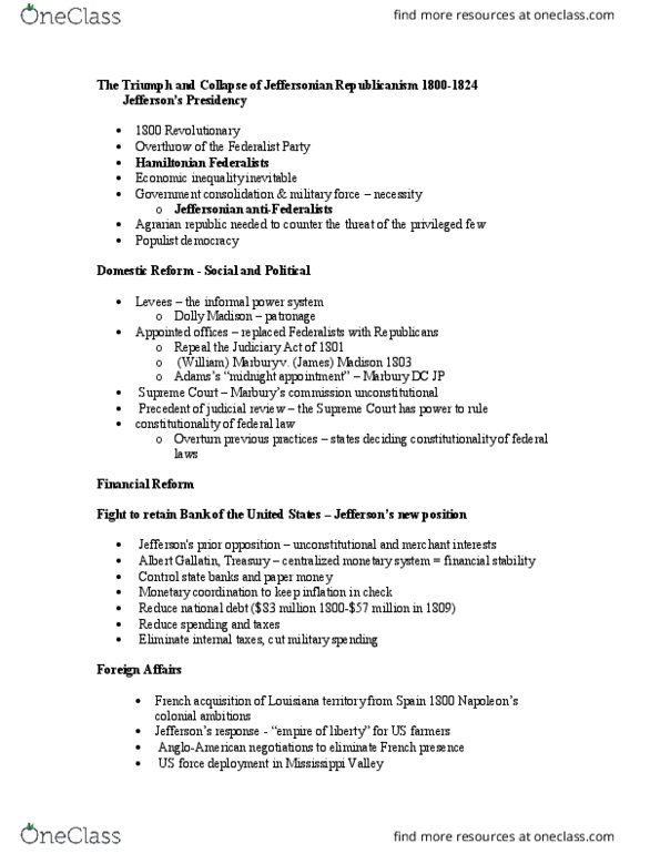 HS 131 Lecture 20: HS131 The Triumph and Collapse of Jeffersonian Republicanism 1800 Notes thumbnail