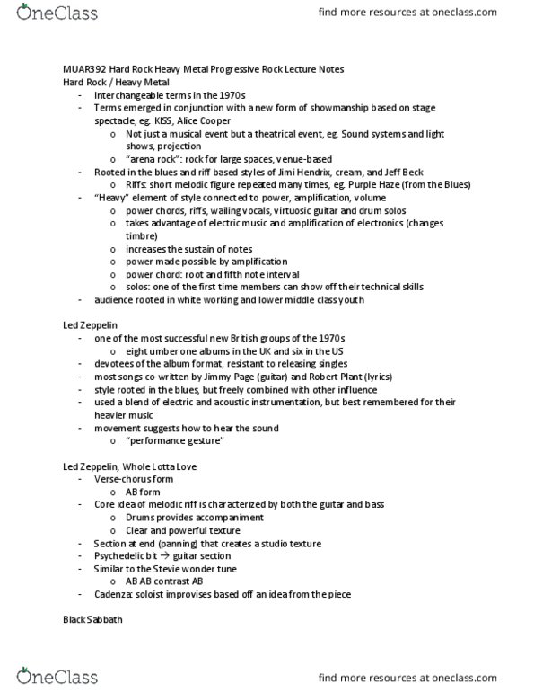 MUAR 392 Lecture 13: MUAR392 Hard Rock Heavy Metal Progressive Rock Lecture Notes thumbnail