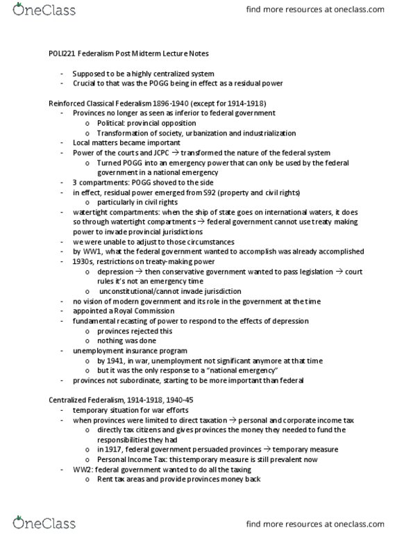 POLI 221 Lecture 25: POLI221 Federalism Post Midterm Lecture Notes thumbnail