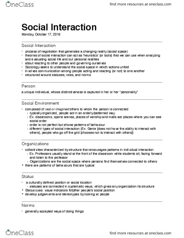 Sociology 1020 Lecture Notes - Lecture 2: Role Theory, Veganism, Ethnomethodology thumbnail