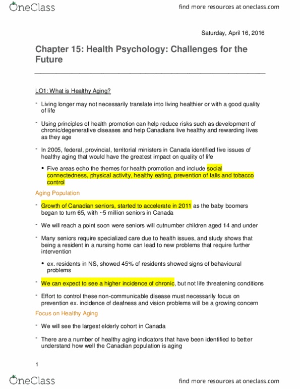 Psychology 2036A/B Chapter Notes - Chapter 15: Non-Communicable Disease, Health Promotion, Electronic Health Record thumbnail