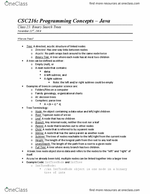 CSC 216 Lecture Notes - Lecture 25: Binary Tree, Parse Tree, Longest Path Problem thumbnail