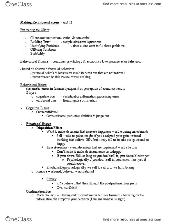 Financial Services _Ã‡Ã´ Client Services RFC126 Lecture Notes - Lecture 12: Risk-Free Interest Rate, Sharpe Ratio, Emotional Bias thumbnail