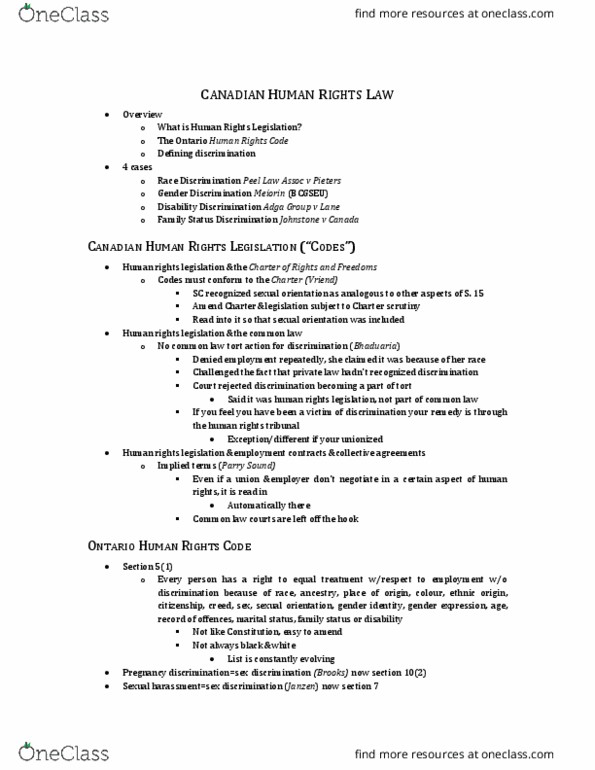 Law 2101 Lecture Notes - Lecture 15: Ontario Human Rights Code, Protected Group, Reverse Discrimination thumbnail