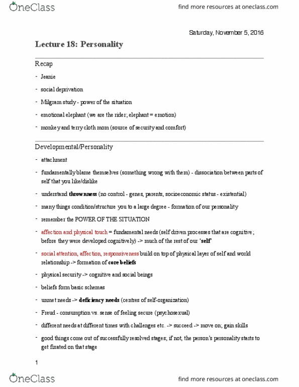 PSY100H1 Lecture Notes - Lecture 18: Milgram Experiment, Thrownness, Motivation thumbnail