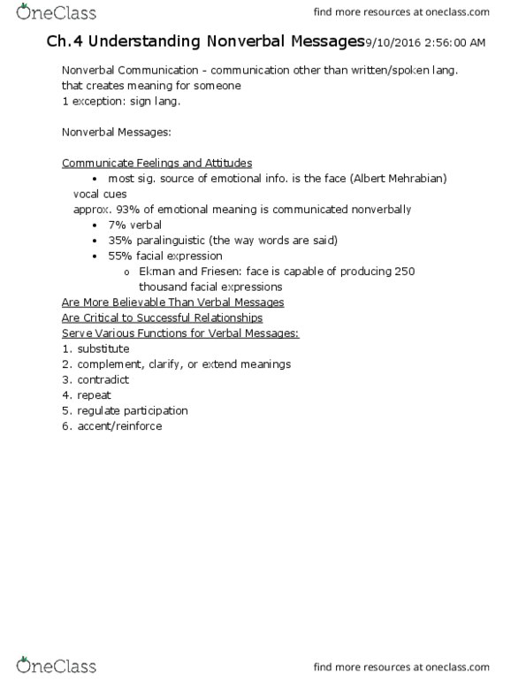 COMG 151 Lecture Notes - Lecture 4: Albert Mehrabian, Nonverbal Communication, Kinesics thumbnail