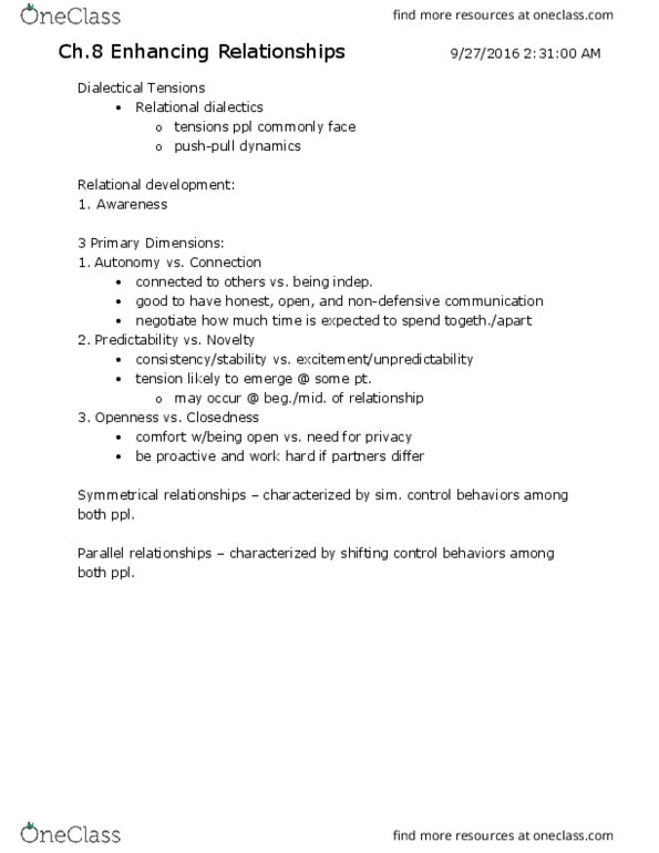 COMG 151 Lecture Notes - Lecture 8: Nonverbal Communication, Relational Dialectics, Indep thumbnail