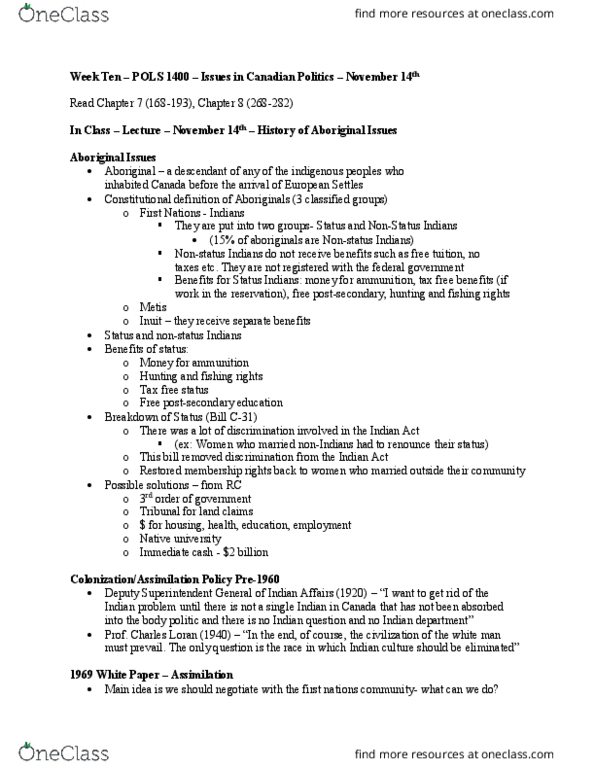 POLS 1400 Lecture Notes - Lecture 10: 1969 White Paper, Indian Register, Indian Act thumbnail