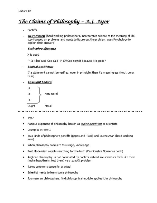 PHIL 1100 Lecture Notes - Lecture 13: Euthyphro Dilemma, Fashionable Nonsense, Theistic Evolution thumbnail