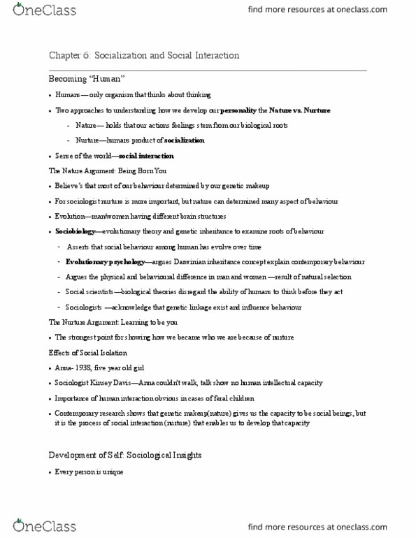 SOCI 1F90 Chapter Notes - Chapter 6: Feral Child, Genetic Linkage, Reinforcement thumbnail