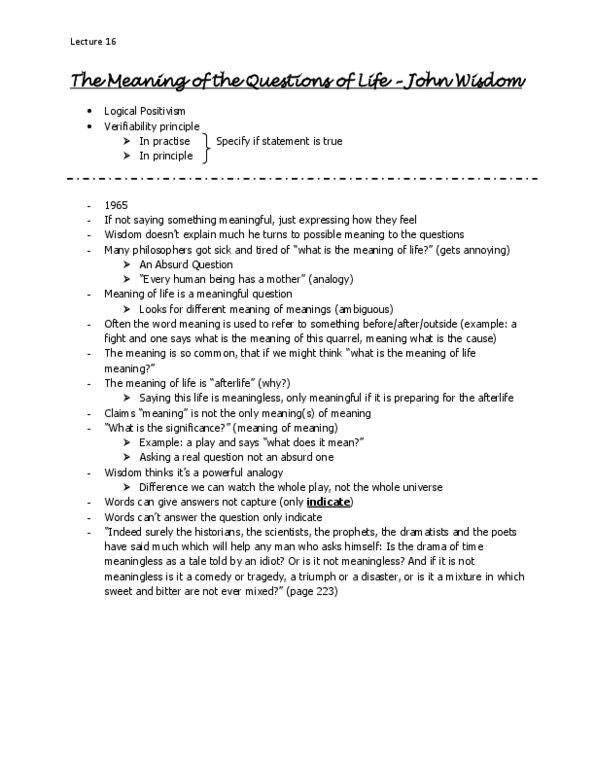 PHIL 1100 Lecture Notes - Lecture 16: John Wisdom, Logical Positivism thumbnail