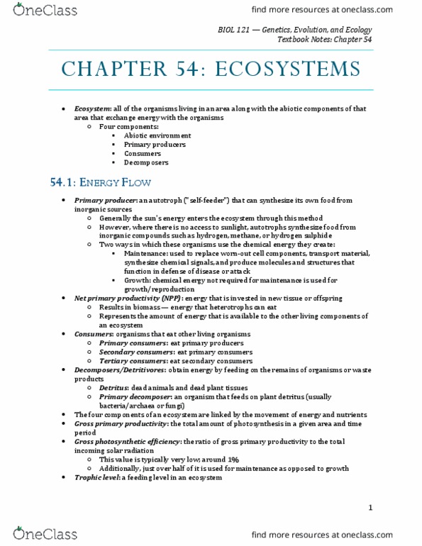 BIOL 121 Chapter Notes - Chapter 54: Soil Organic Matter, Trophic Cascade, Trophic Level thumbnail