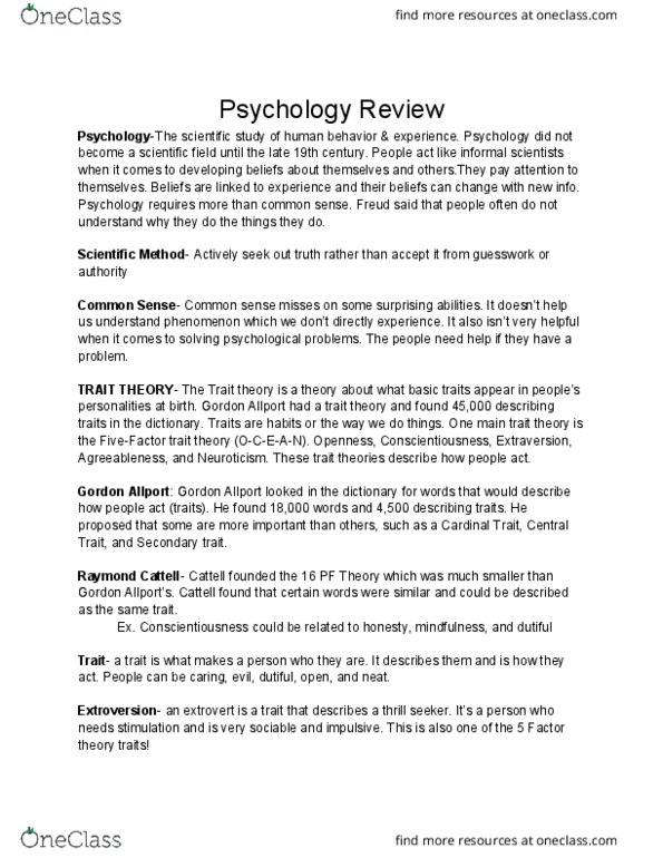 PSYC 111 Lecture Notes - Lecture 1: Gordon Allport, Raymond Cattell, Social Learning Theory thumbnail